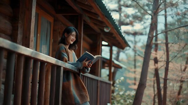 A woman stands on a wooden balcony, engrossed in reading a book. She is dressed in a cozy, striped sweater, and her pose suggests concentration and immersion in reading. The setting is serene.
