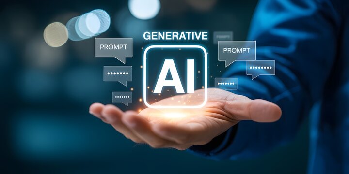 Businessman holding generative AI glowing digital interface – futuristic artificial intelligence prompt and technology innovation concept design