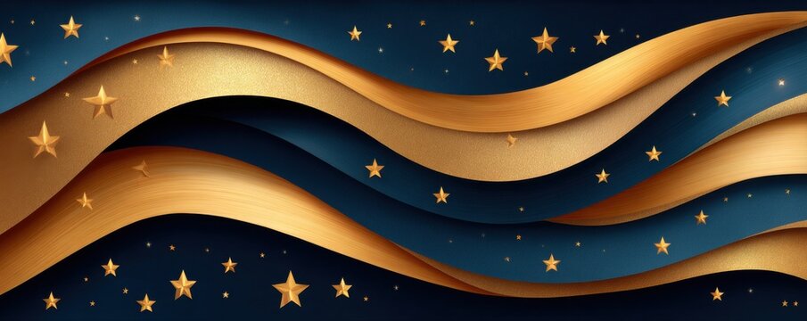 Golden ribbons weave across a dark blue backdrop with stars for a luxurious festive scene