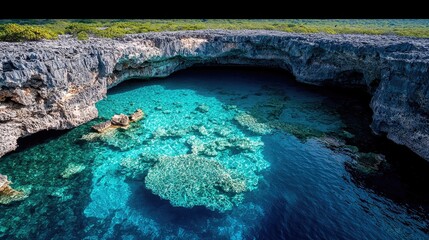 An aerial view showcases a stunning ocean cave with vibrant turquoise water, surrounded by rugged rock formations. The dramatic lighting enhances the natural be