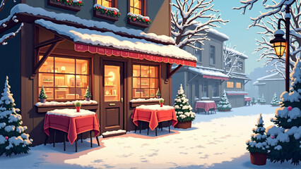 Naklejka premium Cozy Anime Winter Cafe Vector Background