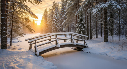Wooden Bridge over a Frozen Stream in a Snowy Forest at Sunset.