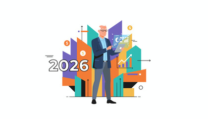 Executive analyzing 2026 financial growth plans and market data using digital technology