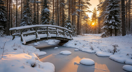 Snowy Pine Forest with a Wooden Bridge across an Icy Creek.