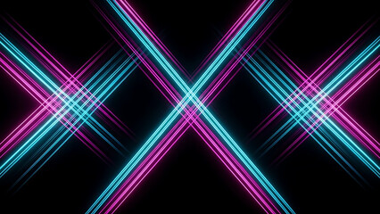Vibrant neon cyan and magenta glowing lines symmetric abstract background concept 3D rendering.
