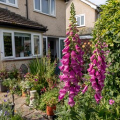 Fototapeta premium Purple foxgloves bloom in a sunny garden next to a house.
