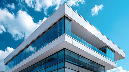 Modern building with glass windows and white facade against a blue sky with white clouds view