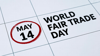 A calendar page with the date May 14 circled in red, marking the celebration of World Fair Trade Day.