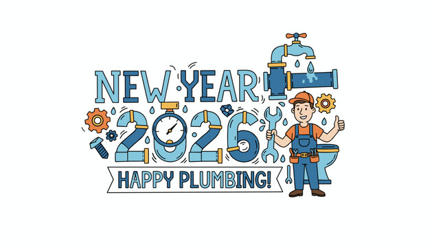 Happy New Year 2026 plumbing industry greeting card illustration with plumber and tools