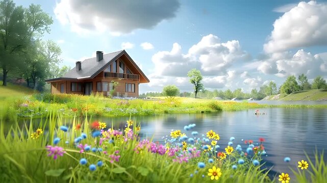 A vivid, digitally rendered landscape featuring a serene pond surrounded by lush greenery and a variety of colorful flowers.
