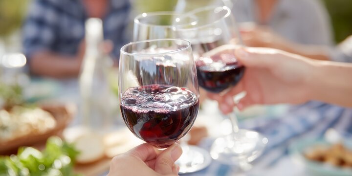 Person is holding a wine glass with a red liquid in it