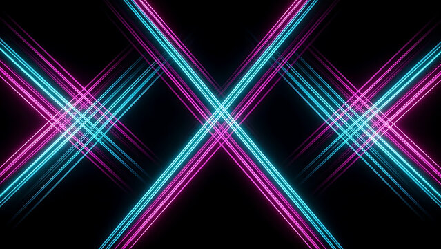 Vibrant neon cyan and magenta glowing lines symmetric abstract background concept 3D rendering.