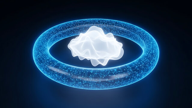 Secure cloud computing concept with abstract glowing data held within a blue futuristic digital circuit shield - Powered by Adobe