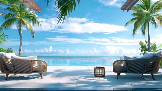 A vivid tropical resort scene with a clear blue sky and palm trees. The main subject is a wooden lounge chair with a white cushion, set against a backdrop of a serene ocean.