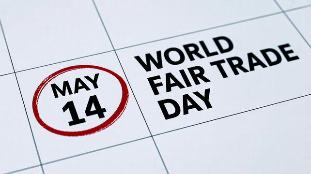 A calendar page with the date May 14 circled in red, marking the celebration of World Fair Trade Day.