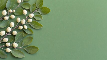 Close-up of a floral arrangement featuring green leaves and white flowers against a textured green background. The composition is aesthetically pleasing and evo