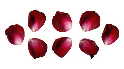 Elegant burgundy rose petals arrangement, element set isolated on transparent background. PNG