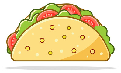 Cartoon Illustration of Taco with Tomatoes and Lettuce Filling on White