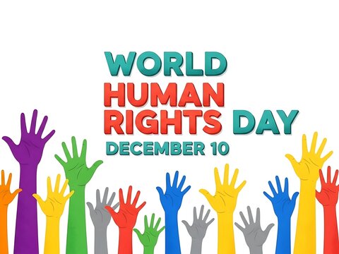 Colorful raised hands celebrating world human rights day on december 10 with bold text isolated on white background