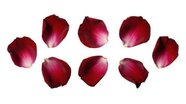 Elegant burgundy rose petals arrangement, element set isolated on transparent background. PNG