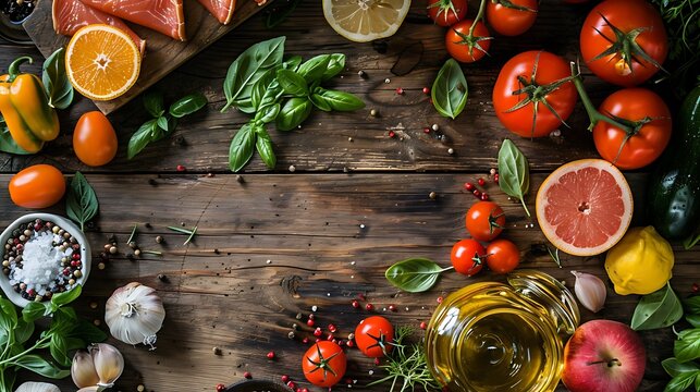 Overhead shot of fresh fruits vegetables and herbs on a rustic wooden surface for cooking preparation