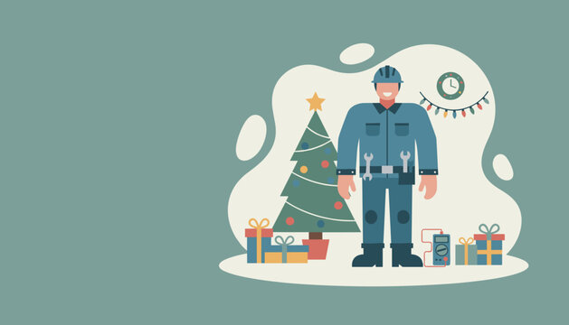 Essential worker celebrating a happy Christmas Mechanic with tools festive tree and holiday gifts