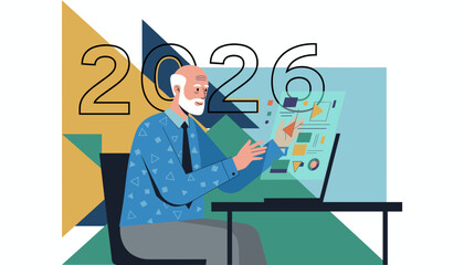 Strategic business planning for 2026 Senior man analyzing data using a transparent futuristic screen