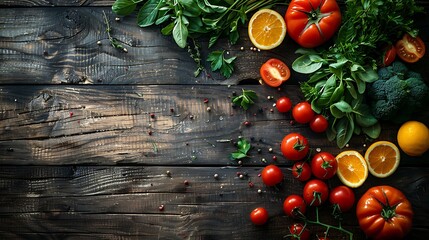 Overhead shot of fresh vegetables and fruits arranged on a rustic wooden surface for healthy eating