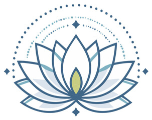 Serene blue lotus blossom with elegant line art and celestial dot patterns above and below