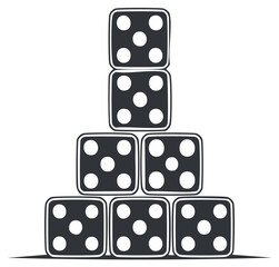 Seven dice stacked in a pyramid formation on a white background showing the number five
