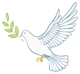 Dove flying, holding olive branch in beak, symbol of peace, hope and new beginning
