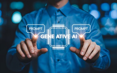 Businessman interacting with generative AI interface, futuristic artificial intelligence innovation concept showing digital prompts and technology integration