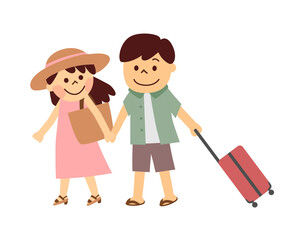 スーツケースを持って歩くカップル