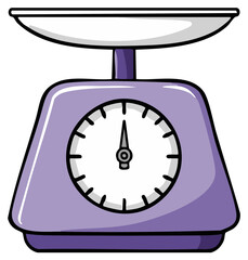 Cartoon illustration of a purple kitchen scale with a round dial.