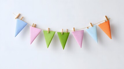 Decorative string of small pastel triangular flags in blue pink green and orange hung on twine with wooden clothespins set against a clean white backdrop