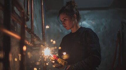 Female plumber welding copper pipes with sparks flying in a dimly lit room