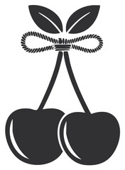 Black silhouette icon of two ripe cherries with stems tied in a rustic rope bow