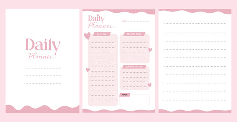 Cute Pink Daily Planner Vector Template, Feminine To Do List and Organizer Worksheet Set, Pink Productivity Journal
