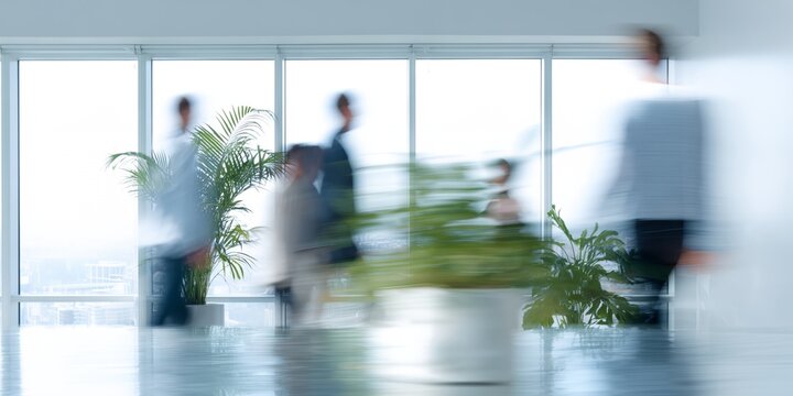 Blurry image of people walking in a room with plants - Powered by Adobe