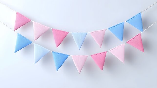 Delicate pastel pink and light blue triangular fabric flags are strung together on a white cord forming two decorative bunting garlands suspended against a minimalist white backdrop for celeb ns