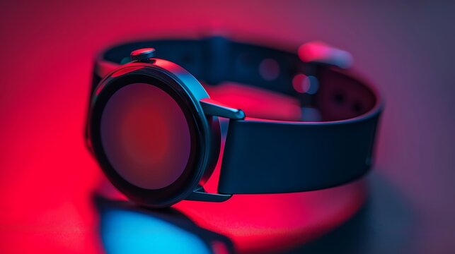Close up of a smartwatch with a black band illuminated by red and blue lighting on a dark surface