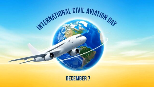 International Civil Aviation Day banner for December 7, blue and yellow background. - Powered by Adobe