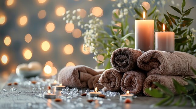 Still life of rolled towels candles and flowers with bokeh lights for a spa or wellness concept - Powered by Adobe