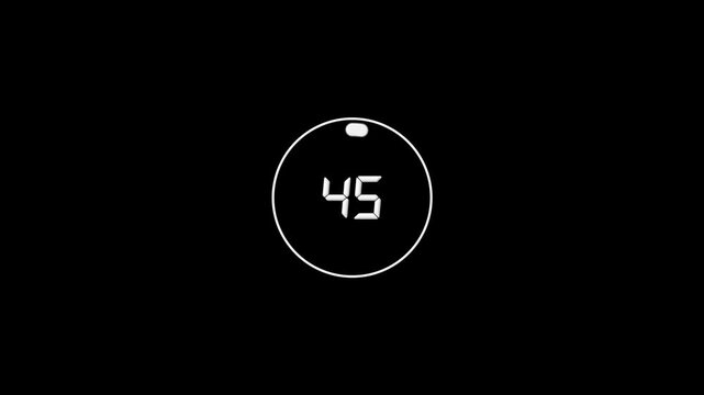 Circle countdown timer one minute animation from 50 to 0 second animation on black background with alpha glass channel, 50 second countdown timer, Countdown video 4k animaton video
