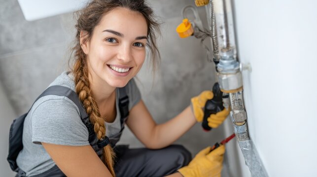 Smiling female plumber fixing pipes in a bathroom, wearing work gloves