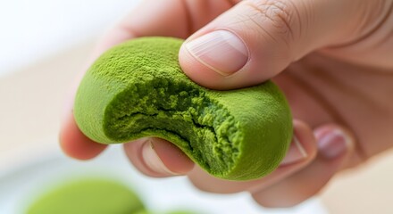 hand holding and biting into a soft green matcha mochi, food blog article illustration and japanese dessert packaging, with copy space
