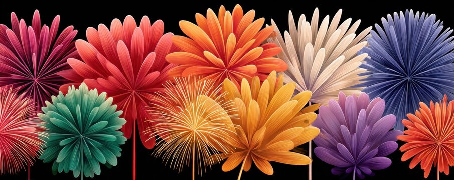 Colorful fireworks burst across a dark night sky, creating a festive, vibrant celebration backdrop today.