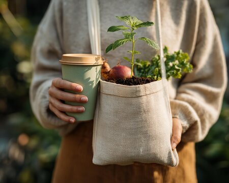 Woman is holding a plant in a bag and a cup - Powered by Adobe