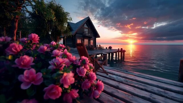 Aerial view of a serene lakeside setting during sunset, featuring a wooden house with a balcony overlooking the water. The sky is painted with hues of pink, purple, and orange.