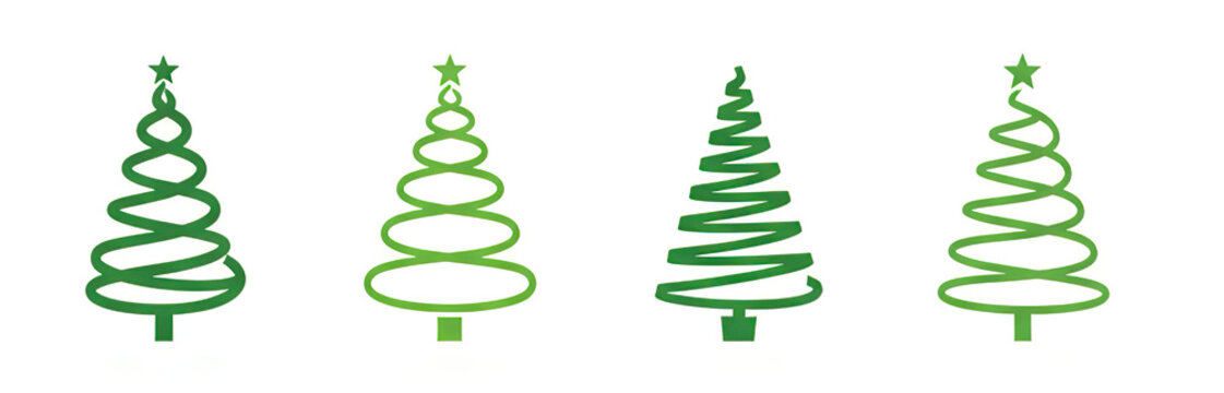 stylized christmas trees with spiral and star designs christmas black green silhouette clipart set. black Christmas tree drawing clip art collection in white background for xmas season pine tree flat - Powered by Adobe